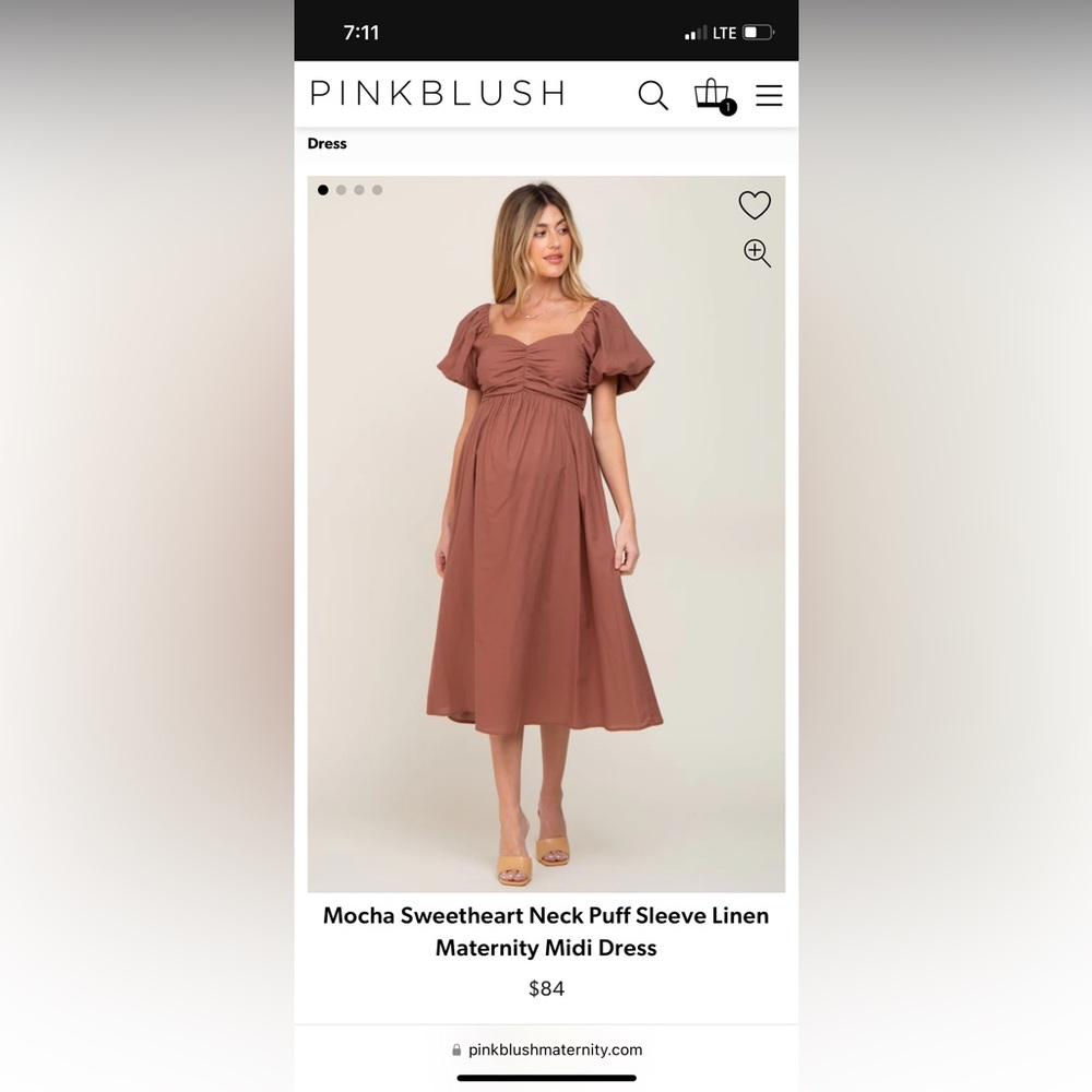 PinkBlush Sweetheart Neck Puff Sleeve Maternity Midi Dress NWT